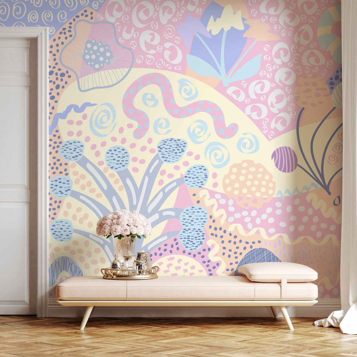 Abstract Wallpaper with Whimsical Shapes in Lavender, Pink, and Yellow - detail view