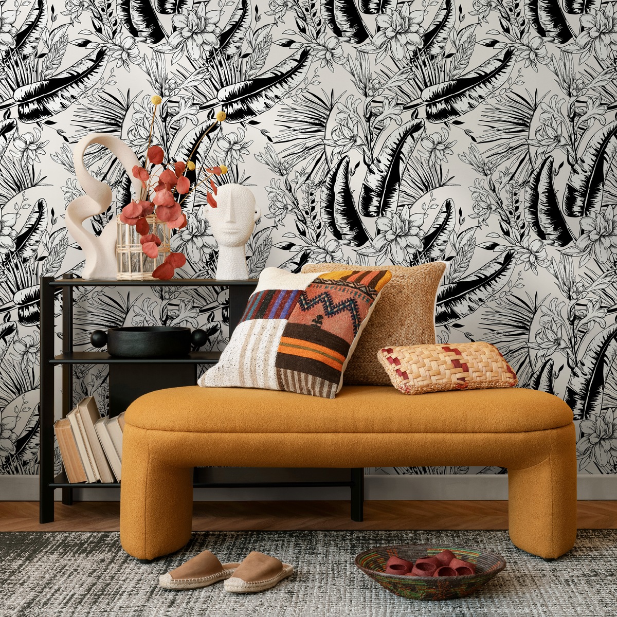 Tropical Wallpaper with Sketched Jungle Botanicals in Black and Off-White - detail view