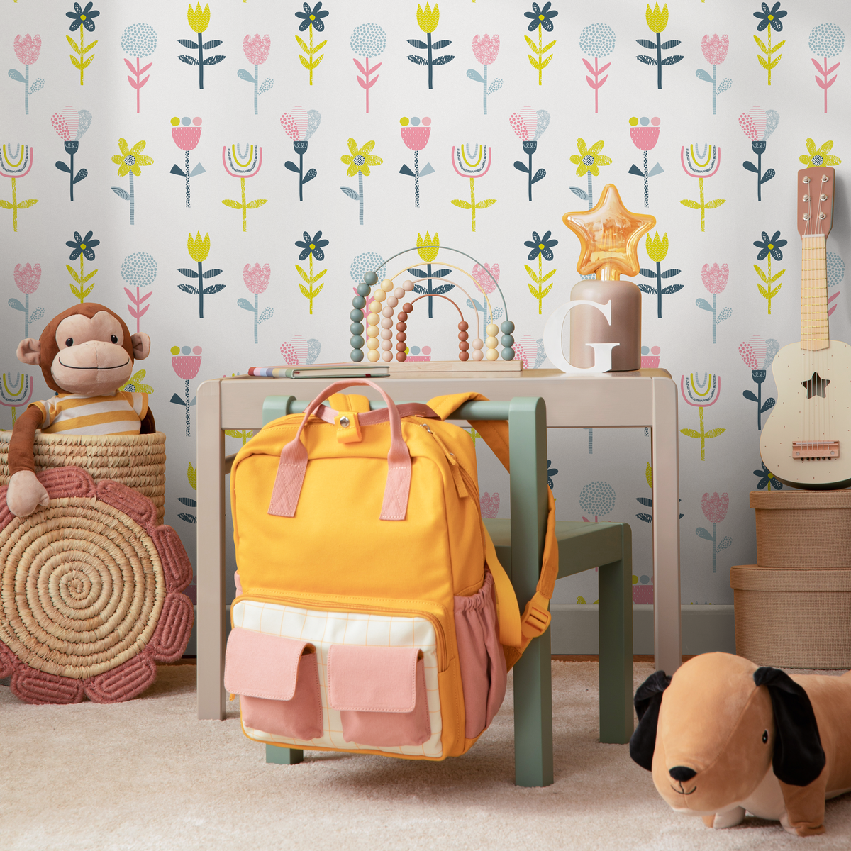 Floral Wallpaper with Scandinavian Folk Art Flowers in Pink, Yellow, and Blue - detail view