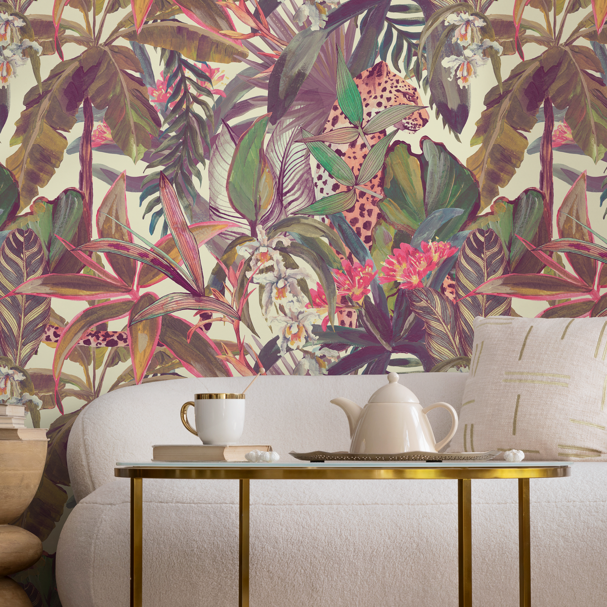 Jungle Wallpaper with a Painterly Leopard in Purple, Pink, and Green - detail view