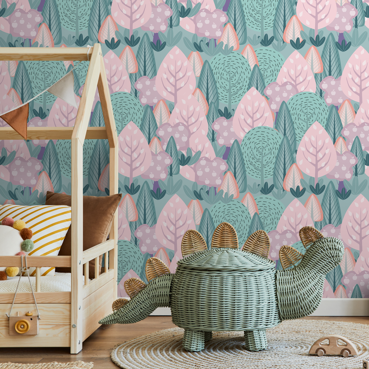 Forest Wallpaper with Stylized Apple Trees in Pink, Green Teal, and Purple - detail view