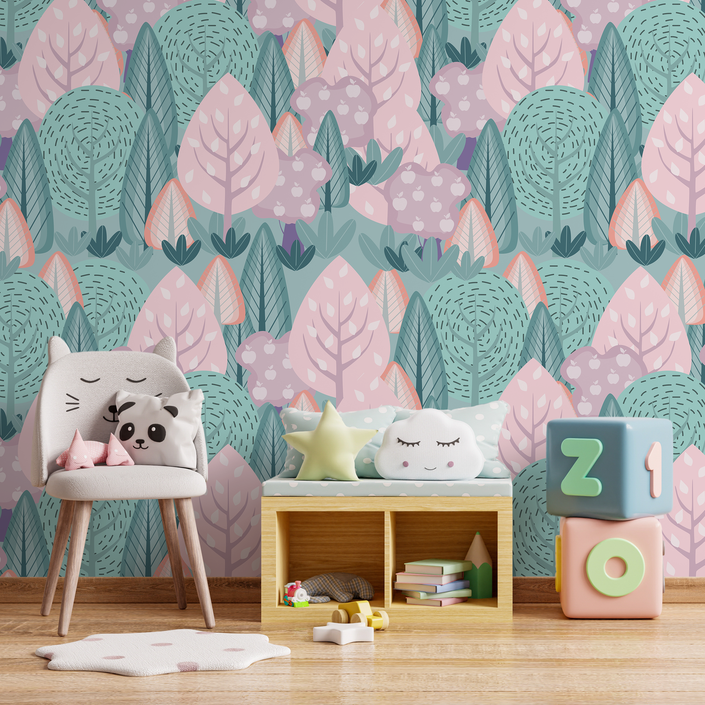 Wall Decor Wallpaper Peel and Stick Wallpaper Removable Wallpaper Home Decor Wall Art Room Decor/ Pink and Green Forest Kids Wallpaper -B747