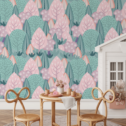 Wall Decor Wallpaper Peel and Stick Wallpaper Removable Wallpaper Home Decor Wall Art Room Decor/ Pink and Green Forest Kids Wallpaper -B747