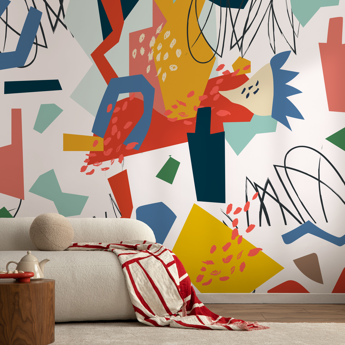 Abstract Wallpaper with a Colorful Cutout Motif in Red, Blue, and Yellow - detail view