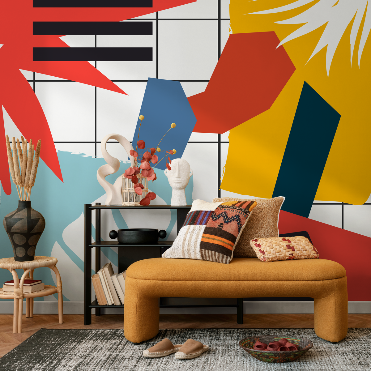 Abstract Wallpaper with Bold Shapes in Yellow, Blue, and Red - detail view