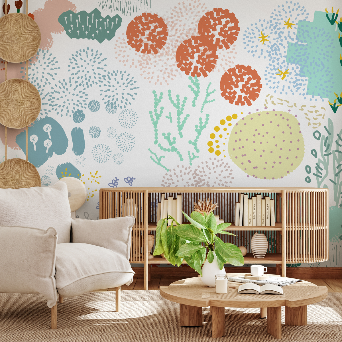 Abstract Wallpaper with Playful Doodles in Blue, Pink, and Green - detail view
