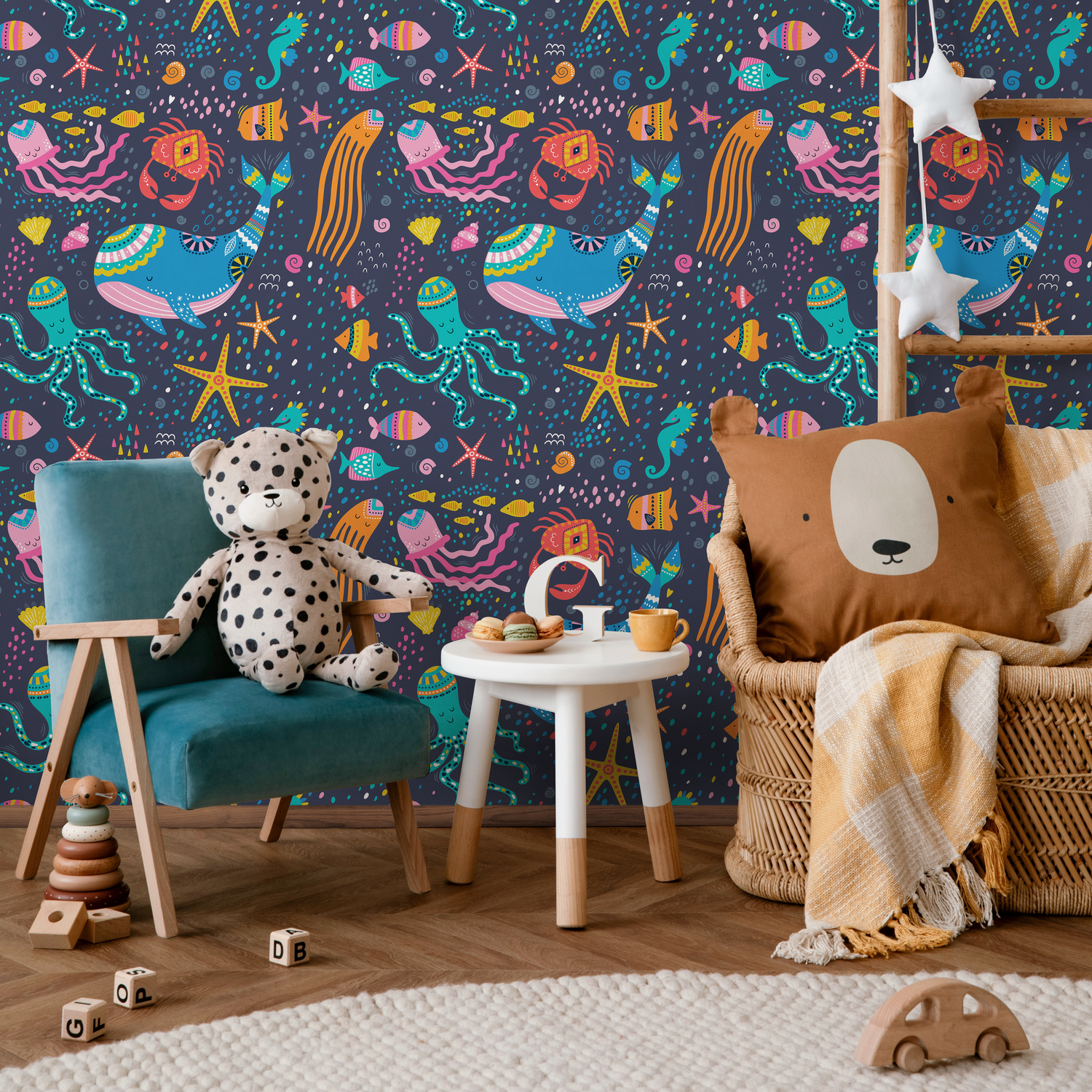 Papier peint autocollant amovible, décoration d'intérieur, art mural, décoration de chambre, jolis animaux marins, papier peint pour enfants - B752