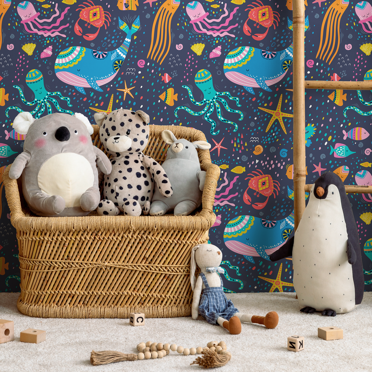 Sea Life Wallpaper featuring Folk Art Sea Creatures in Blue, Pink, and Yellow - detail view