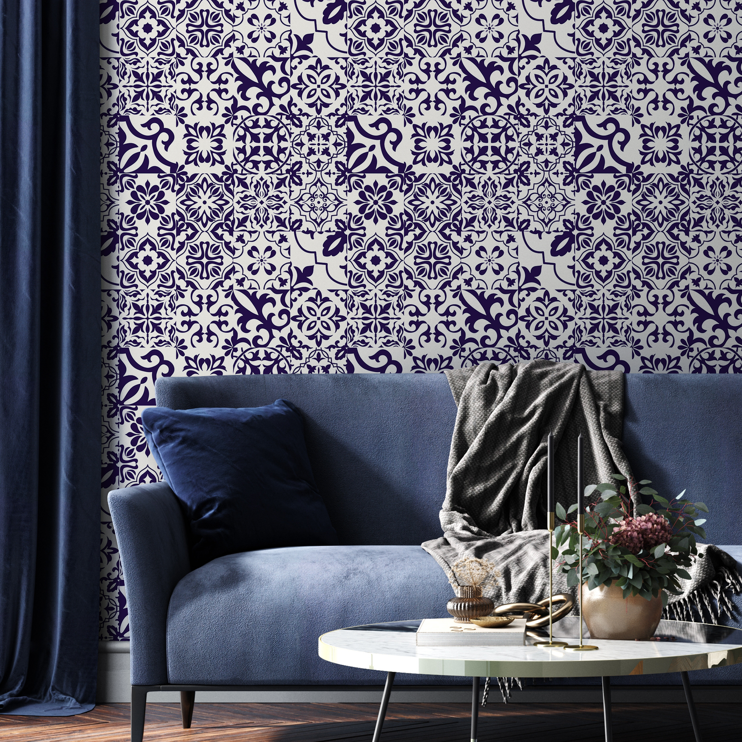 Tile Wallpaper with Ornate Mediterranean Motifs in Navy Blue - B753