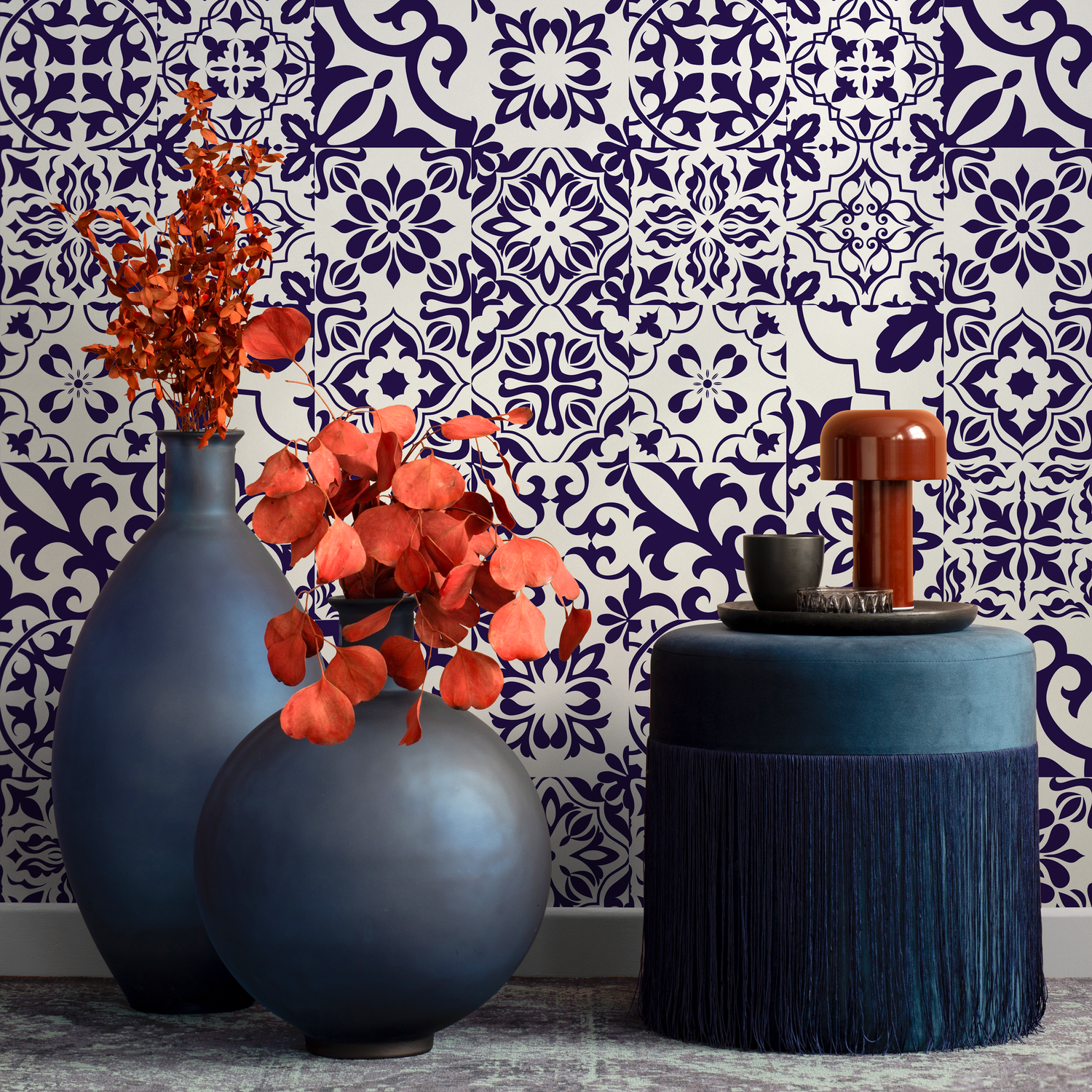 Tile Wallpaper with Ornate Mediterranean Motifs in Navy Blue - B753