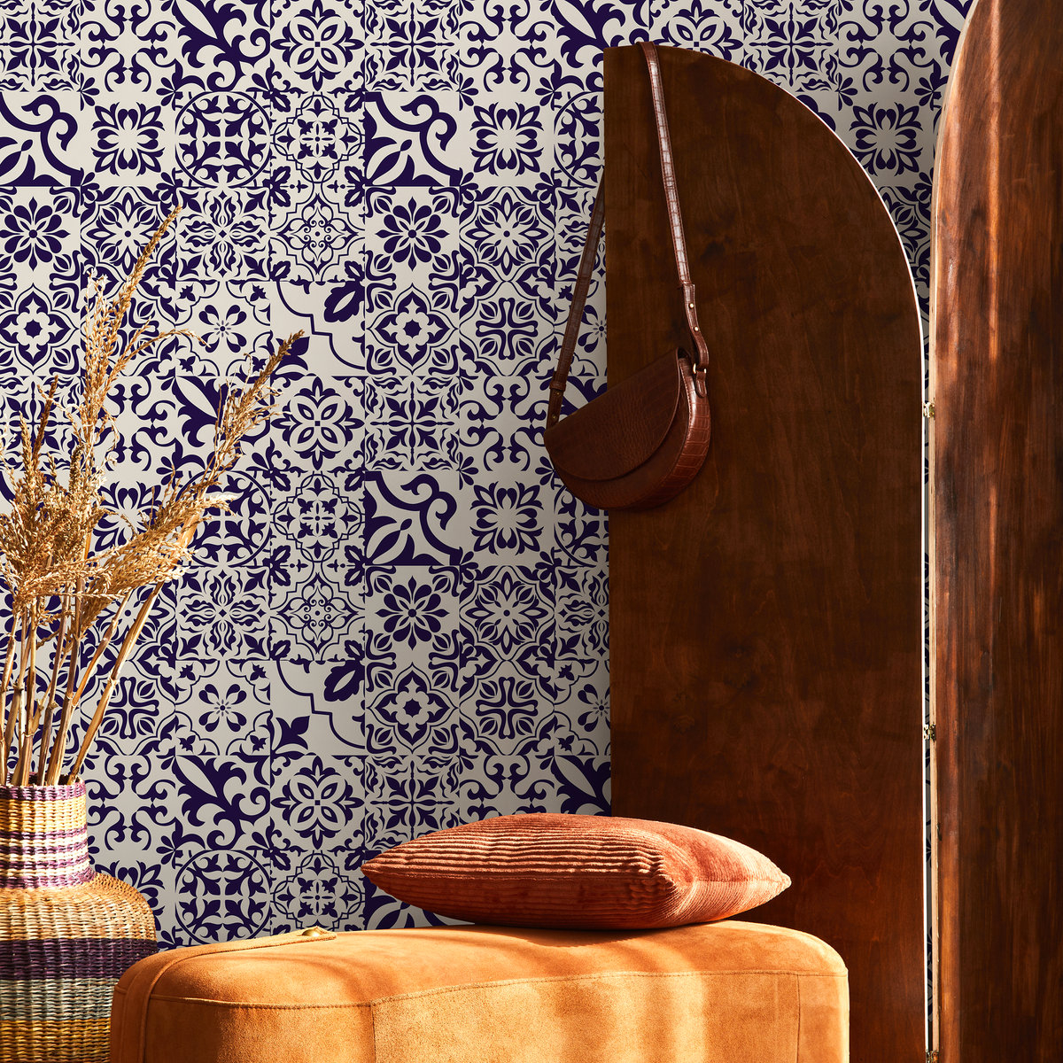 Tile Wallpaper with Ornate Mediterranean Motifs in Dark Purple - detail view