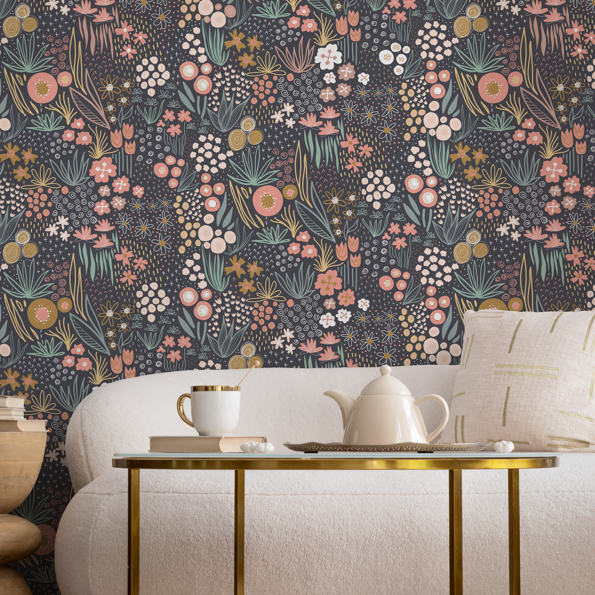 Botanical Wallpaper with a Whimsical Meadow in Coral, Green, and Yellow - detail view