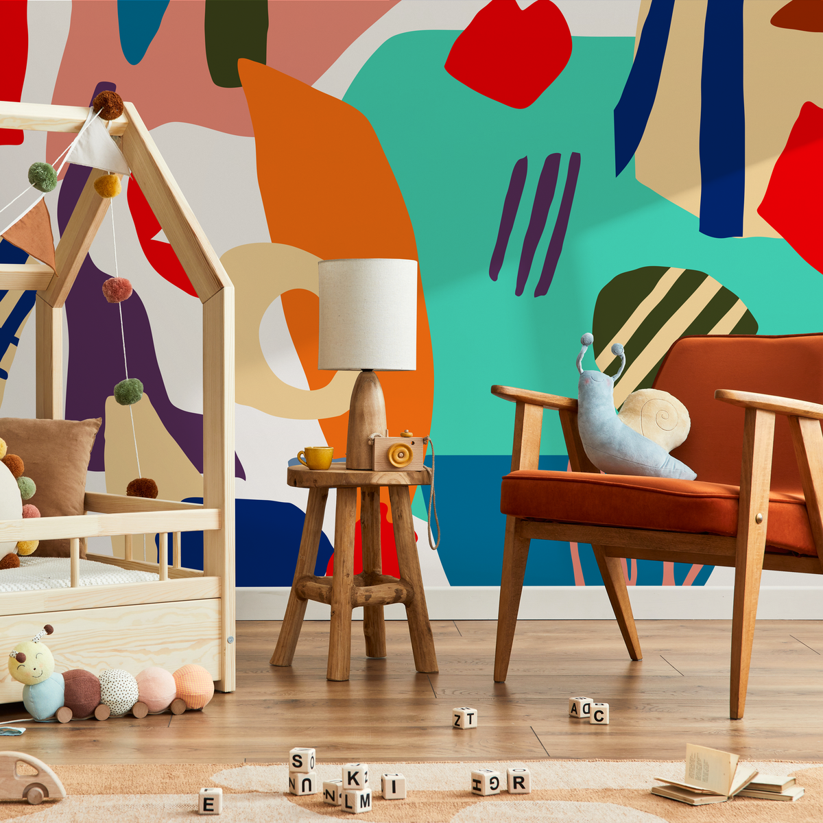 Abstract Wallpaper with a Collage of Bold Shapes in Blue, Orange, and Yellow - detail view