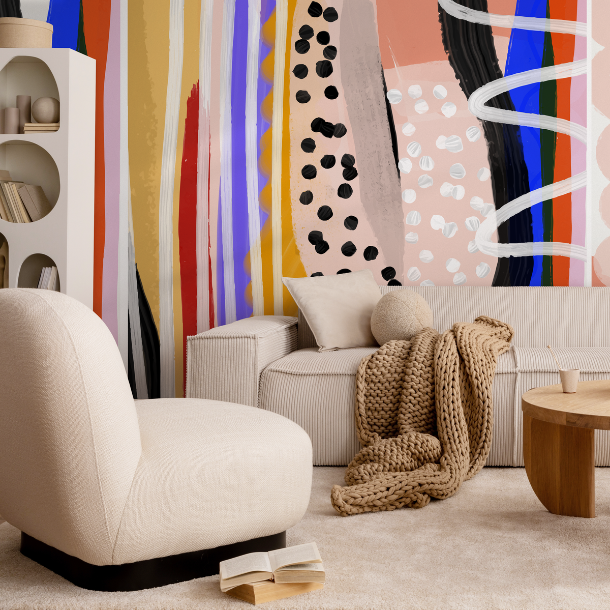 Abstract Wallpaper with Painterly Brushstrokes in Blue, Red, and Yellow - detail view