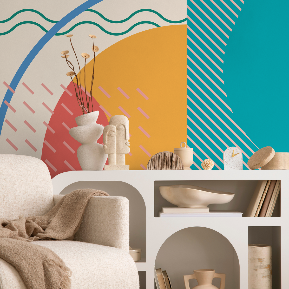 Abstract Wallpaper with Colorful Geometric Shapes in Teal, Red, and Yellow - detail view