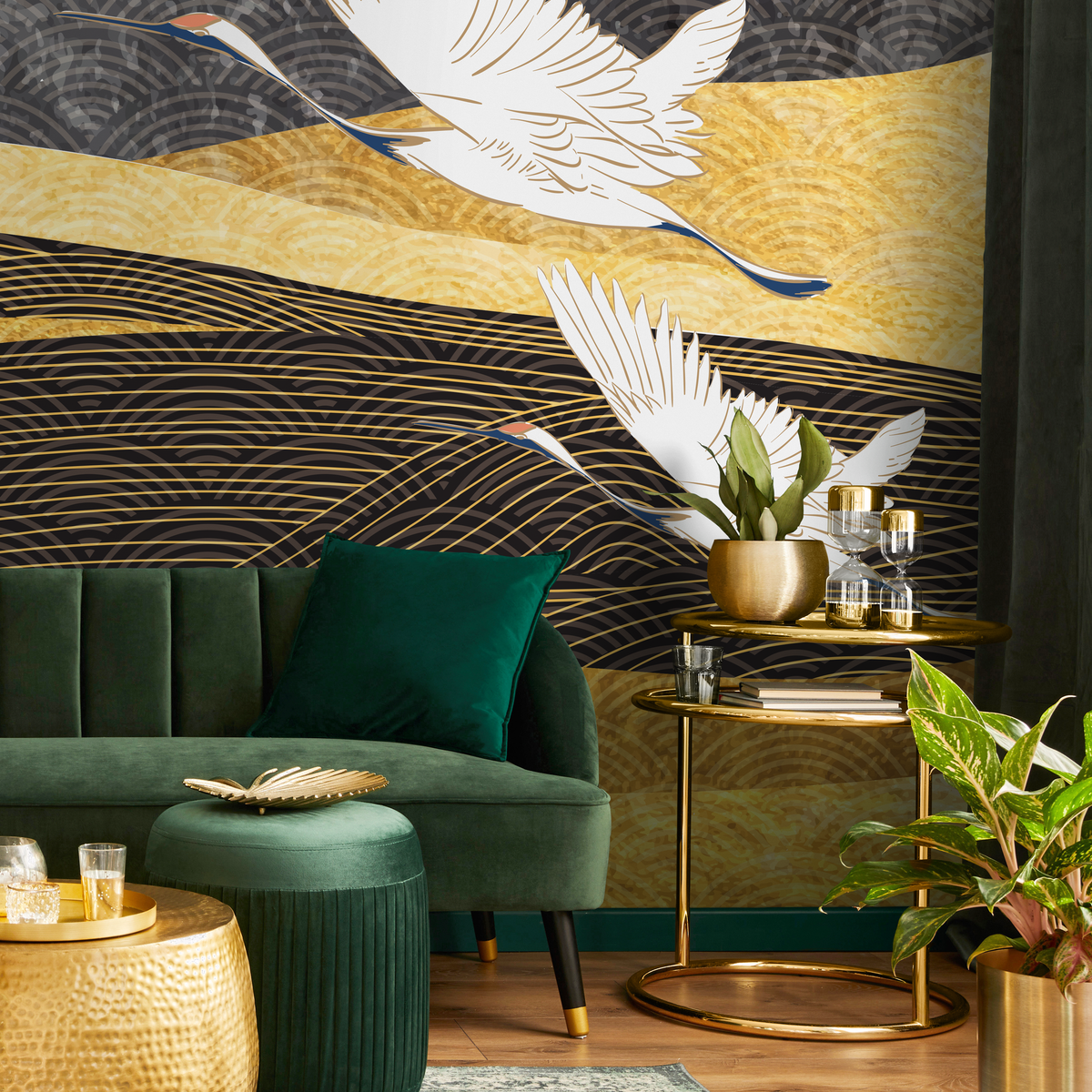 Japanese Wallpaper with Flying Cranes in Black, Gold, and White - detail view