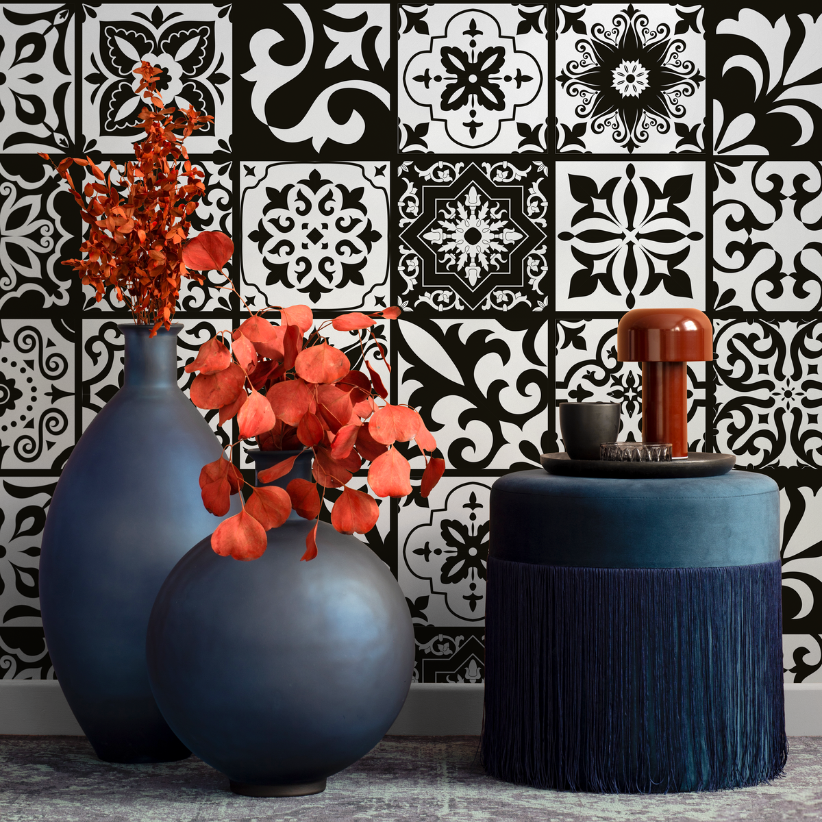 Tile Wallpaper with Ornamental Patterns in Black and White - detail view