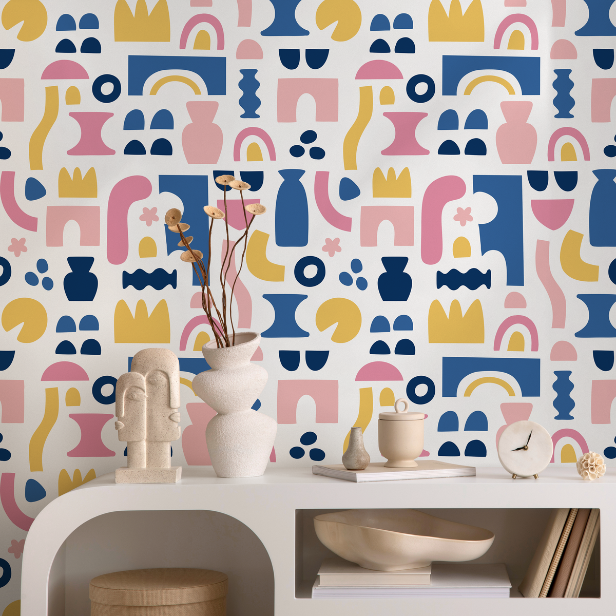 Abstract Wallpaper with Bold Cut-Out Shapes in Blue, Pink, and Yellow - detail view