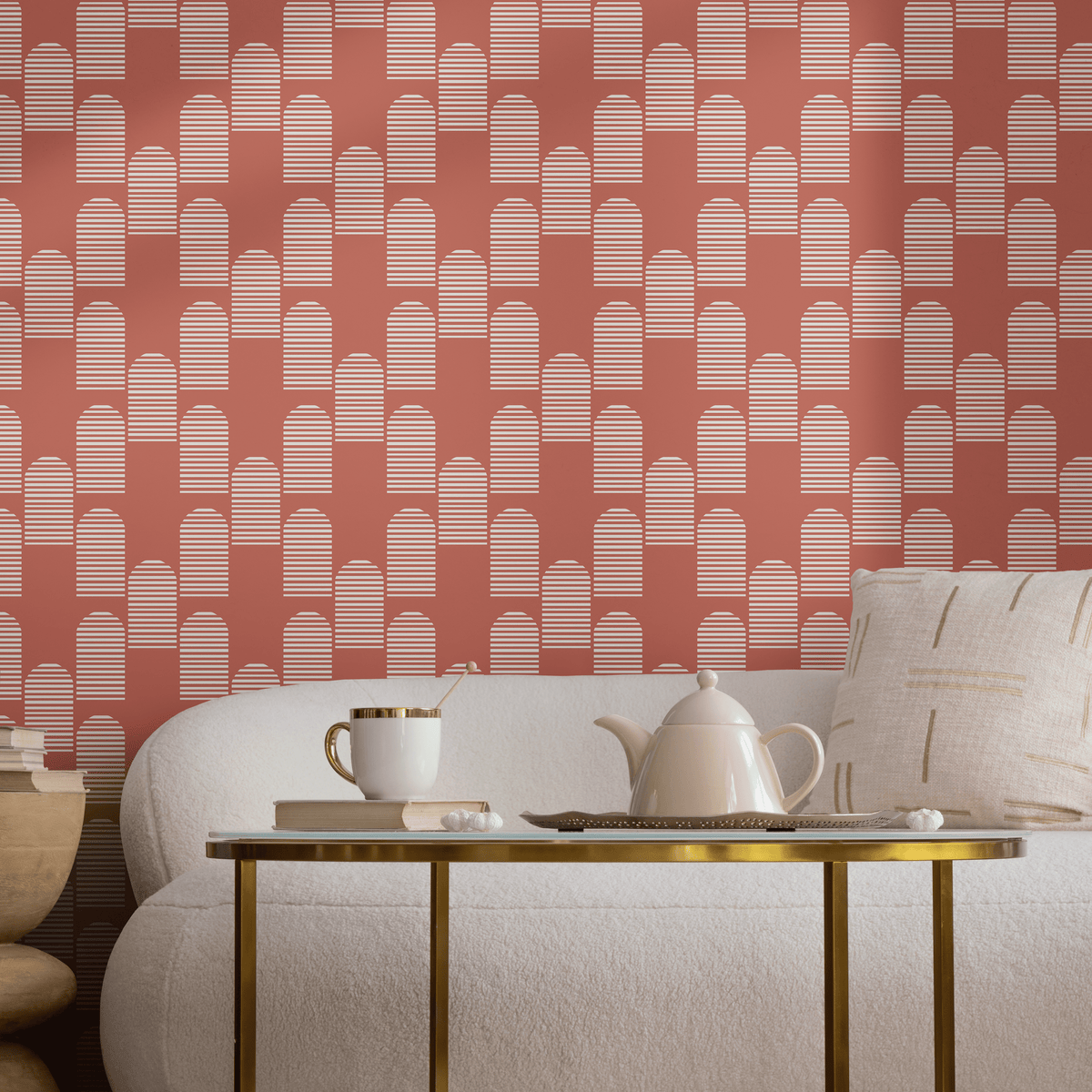 Geometric Wallpaper with an Arch Motif in Terracotta and White - detail view