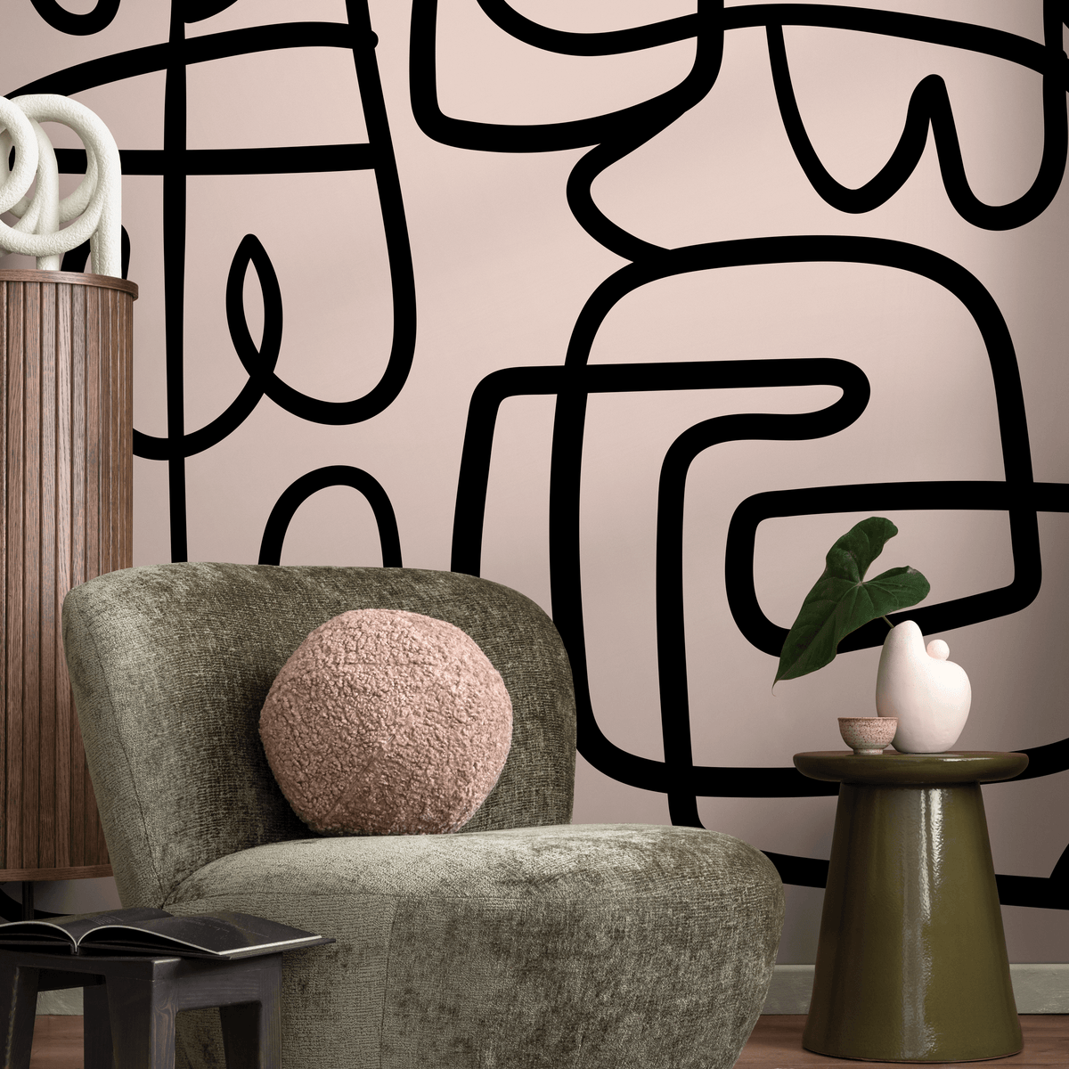 Modern Abstract Wallpaper with a Bold Continuous Line Motif in Black and Pale Blush - detail view