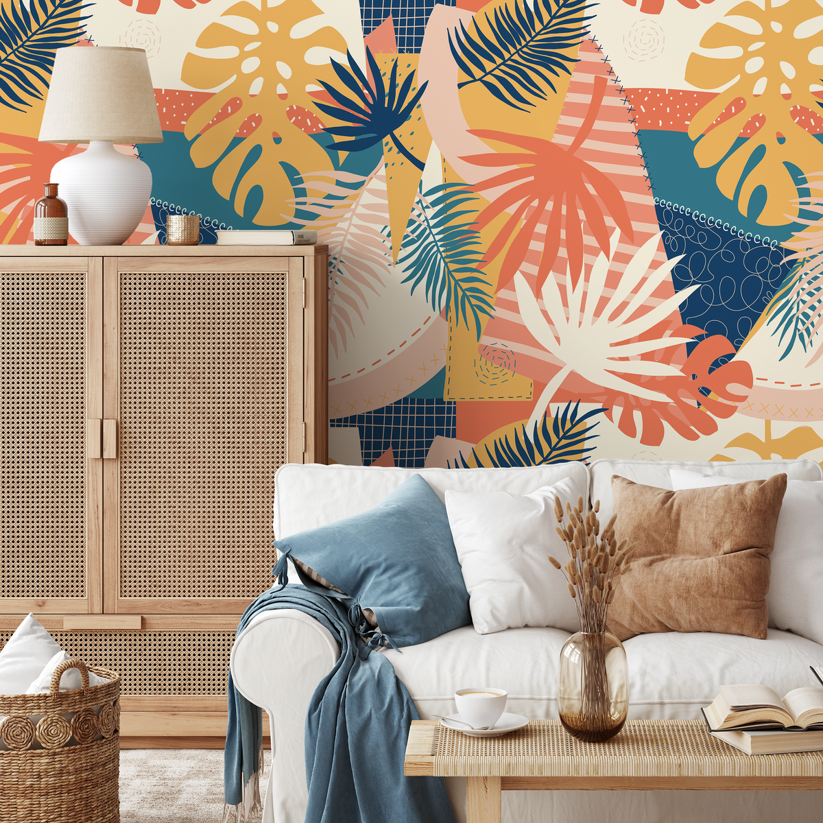 Abstract Wallpaper with a Tropical Leaf Patchwork in Blue, Yellow, and Orange - detail view