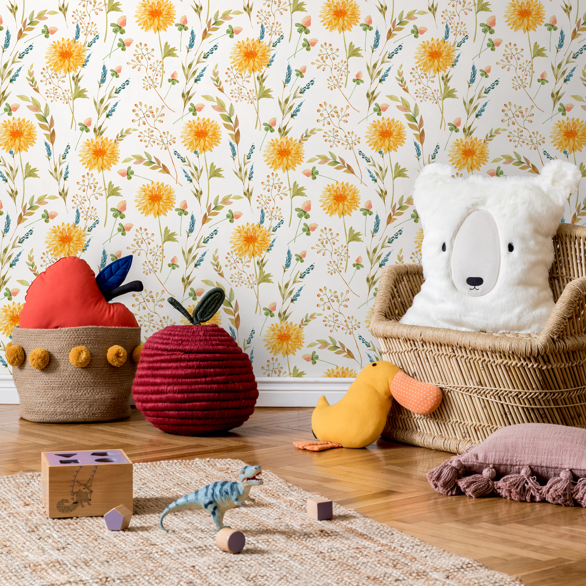 Floral Wallpaper with Watercolor Chrysanthemums in Yellow, Blue, and Green - detail view