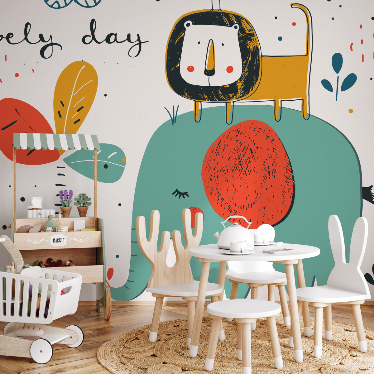 Kids Wallpaper With a Playful Elephant and Growth Chart in Red, Yellow, and Blue - detail view
