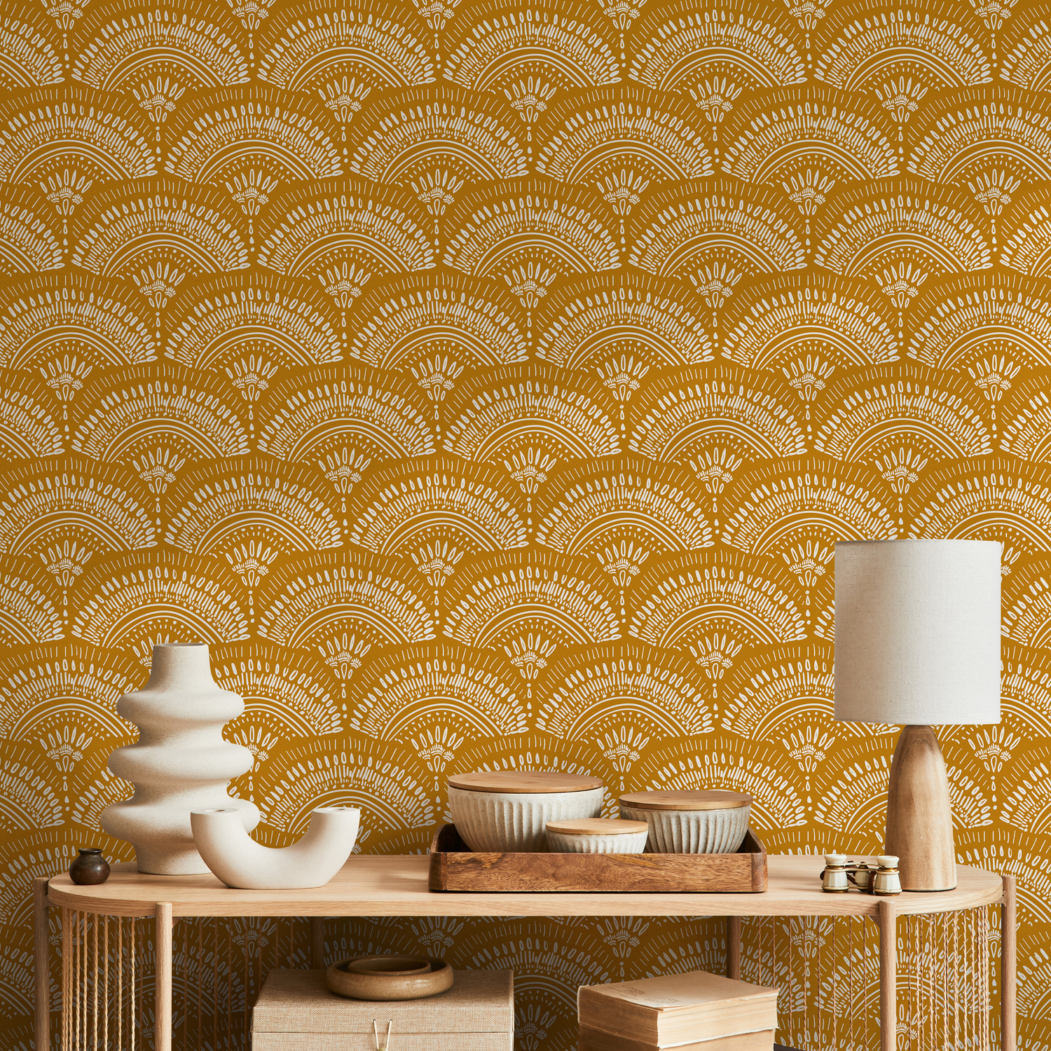 Art Deco Wallpaper with Scalloped Fans in Mustard Yellow and White - B767