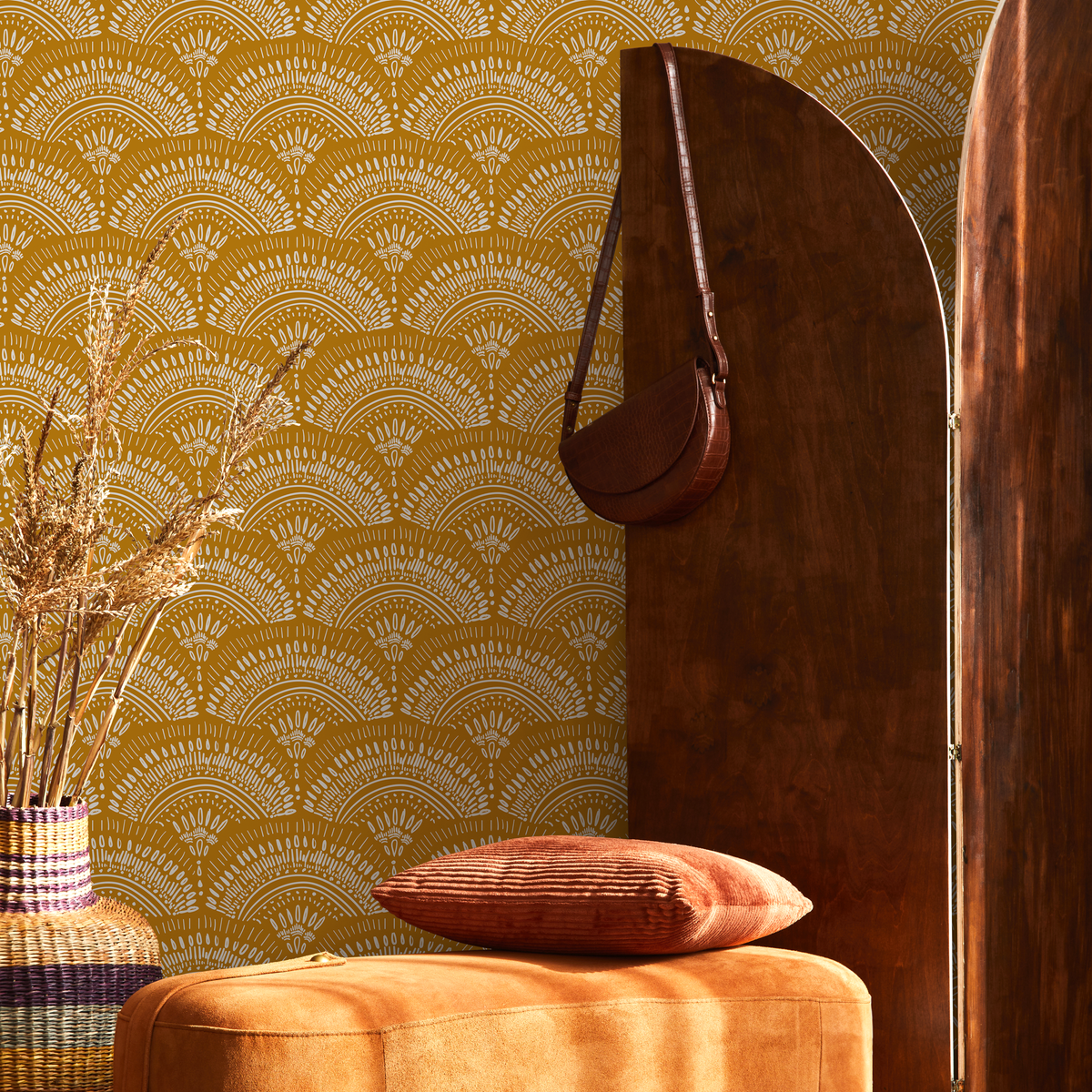 Boho Wallpaper with Scalloped Fans in Mustard Yellow and White - detail view