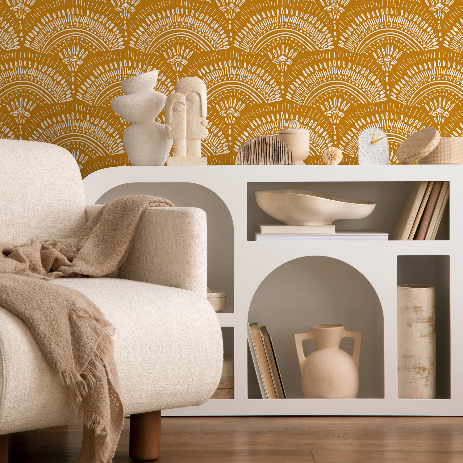 Art Deco Wallpaper with Scalloped Fans in Mustard Yellow and White - B767
