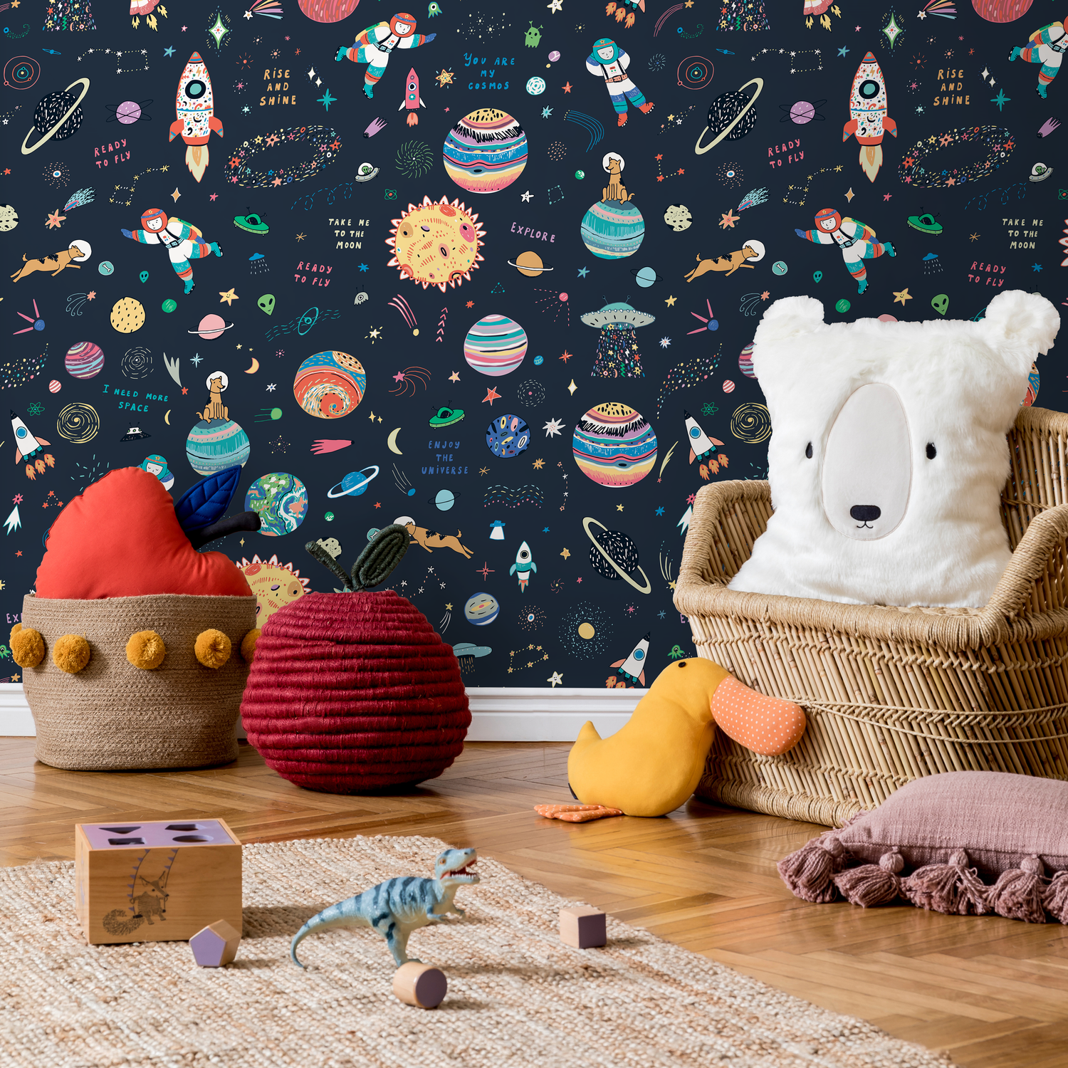 Space Wallpaper with Whimsical Astronauts and Planets in Navy Blue, Red, and Yellow - B769