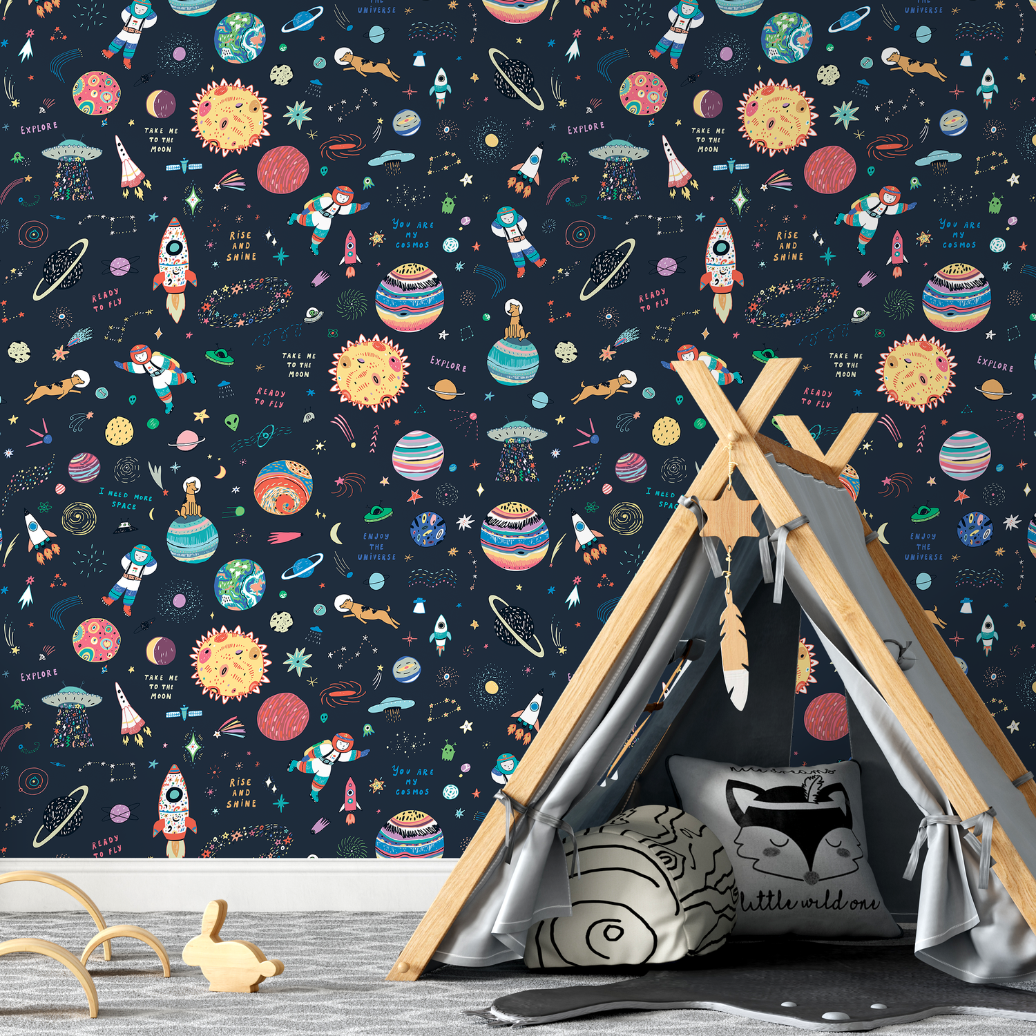 Space Wallpaper with Whimsical Astronauts and Planets in Navy Blue, Red, and Yellow - B769