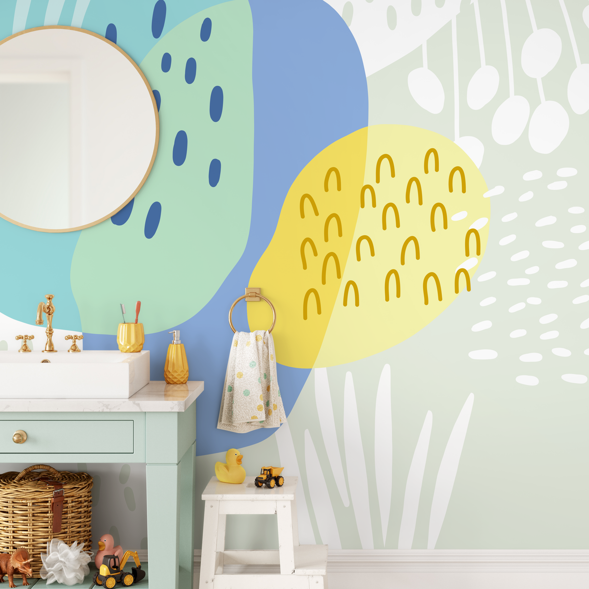 Abstract Wallpaper with Playful Organic Shapes in Blue, Green, and Yellow - detail view
