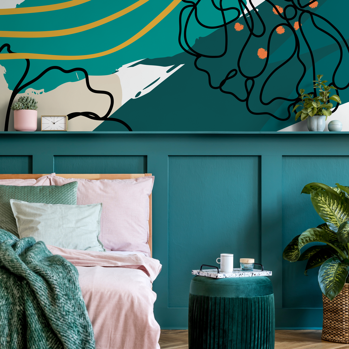 Abstract Wallpaper with Bold Shapes in Teal, Yellow, and Black - detail view