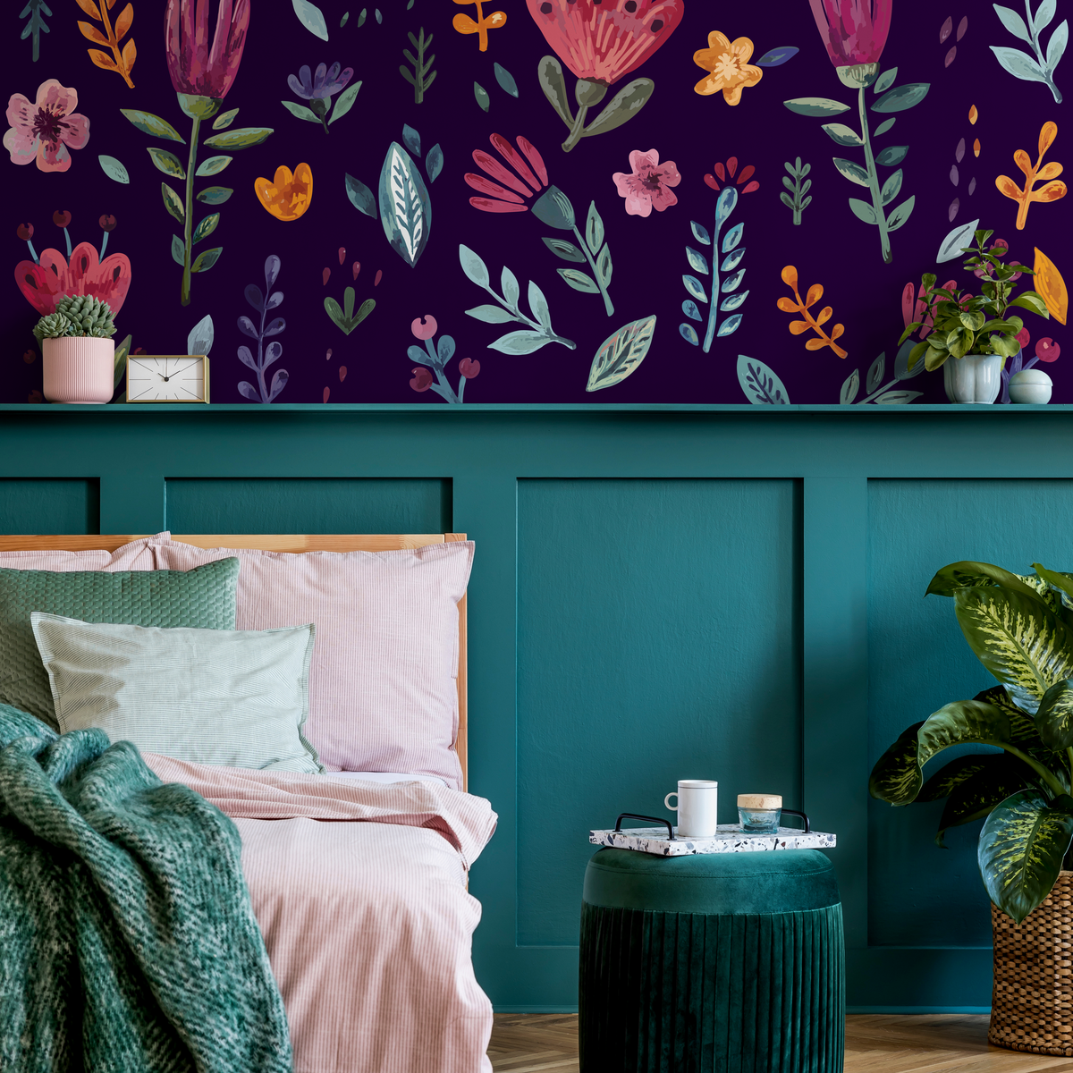 Floral Wallpaper with a Folk Art Motif in Purple and Pink - detail view