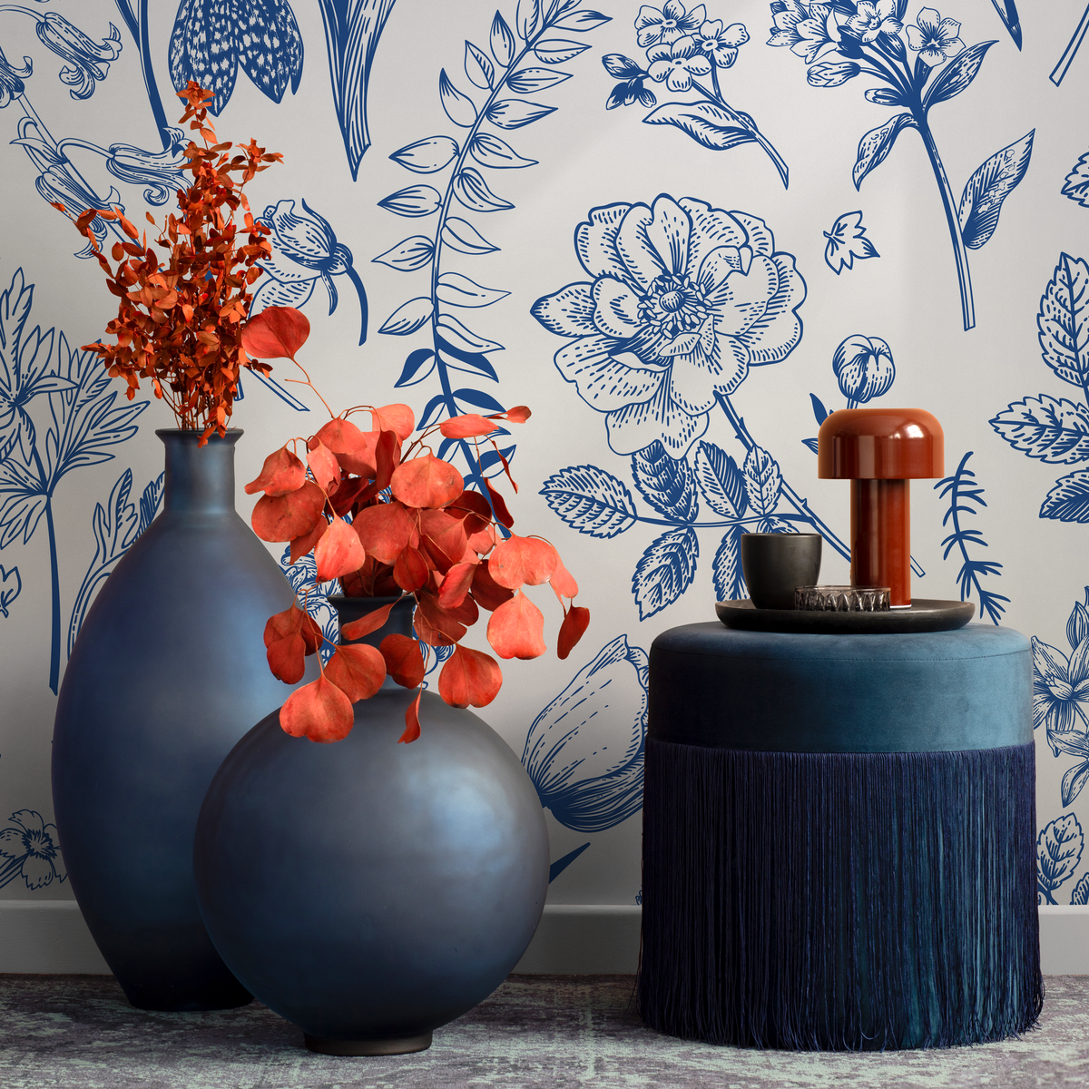 Botanical Wallpaper with a Vintage Wildflower Sketch in Blue and Cream - detail view