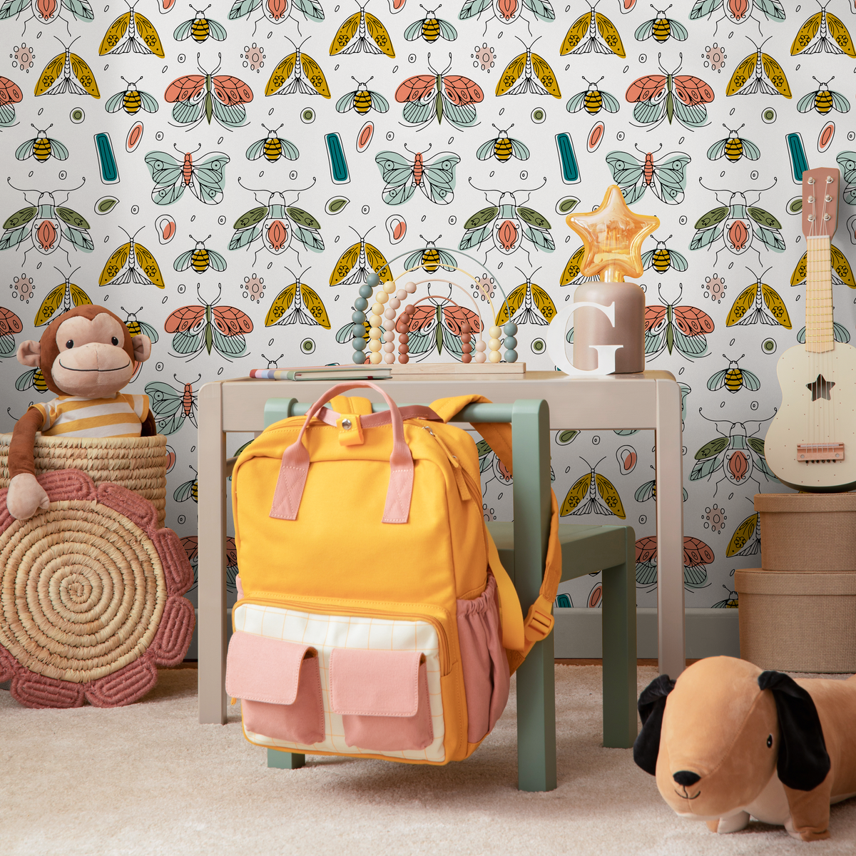 Insect Wallpaper with Hand-Drawn Moths in Teal, Yellow, and Coral - detail view