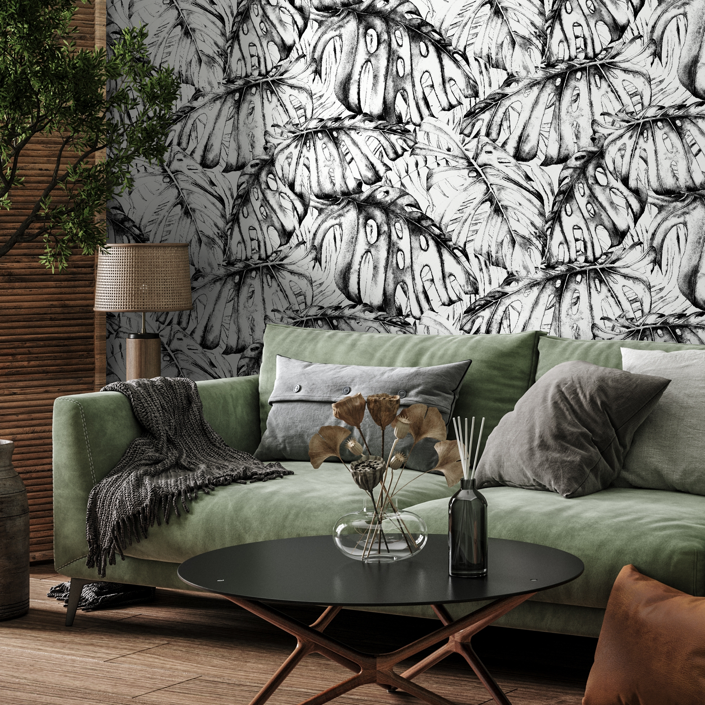 Wall Decor Wallpaper Peel and Stick Wallpaper Removable Wallpaper Home Decor Wall Art Room Decor / Black and White Leaves Wallpaper - B778