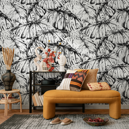 Wall Decor Wallpaper Peel and Stick Wallpaper Removable Wallpaper Home Decor Wall Art Room Decor / Black and White Leaves Wallpaper - B778