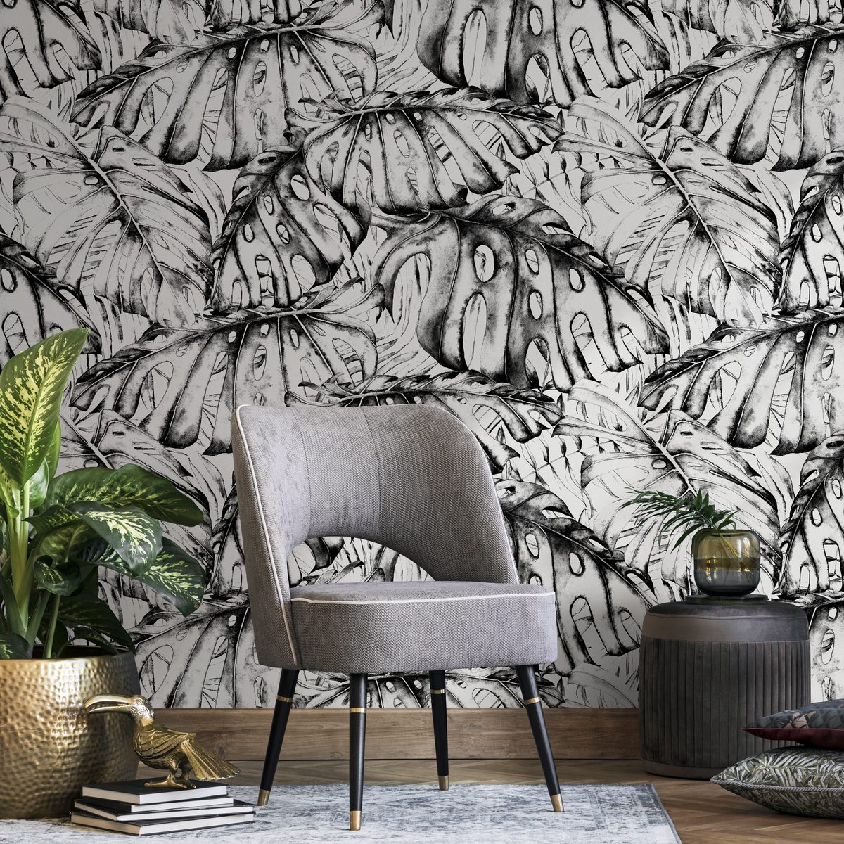Botanical Wallpaper Featuring Illustrated Monstera Leaves in Black and White - detail view