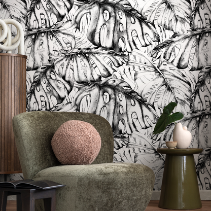 Wall Decor Wallpaper Peel and Stick Wallpaper Removable Wallpaper Home Decor Wall Art Room Decor / Black and White Leaves Wallpaper - B778