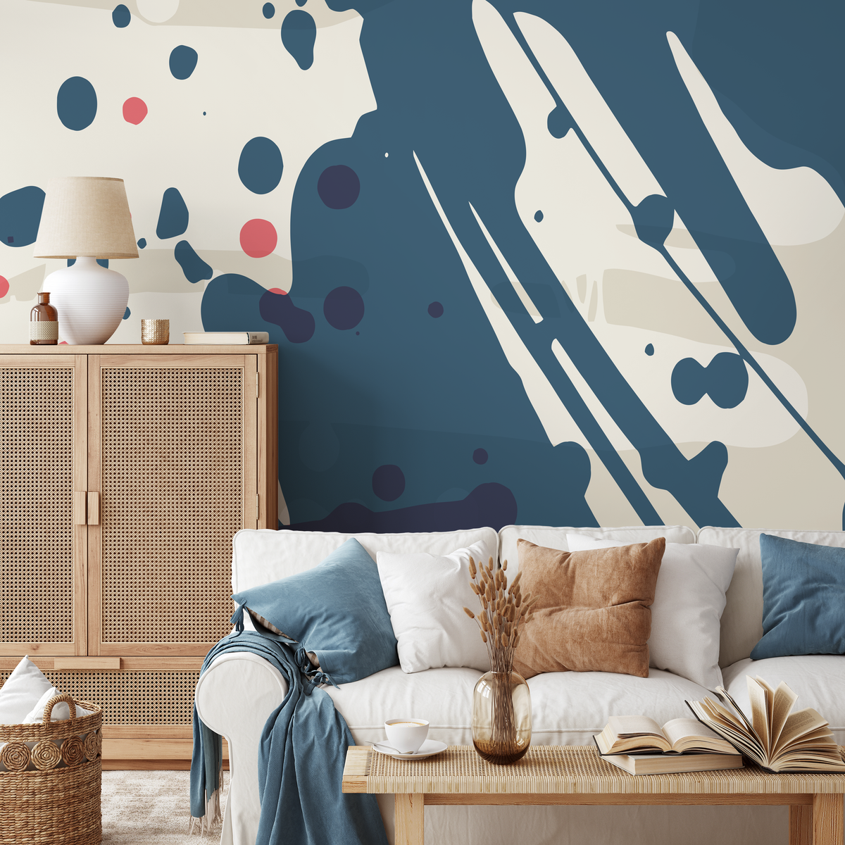 Abstract Wallpaper with Bold Paint Splatters in Blue, Pink, and Beige - detail view