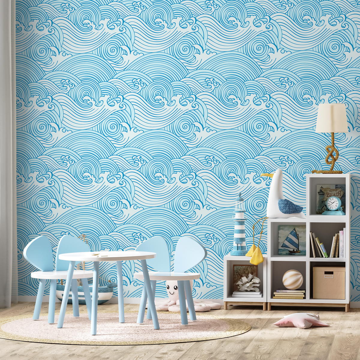 Nautical Wallpaper with a Stylized Ocean Wave Motif in Blue - detail view