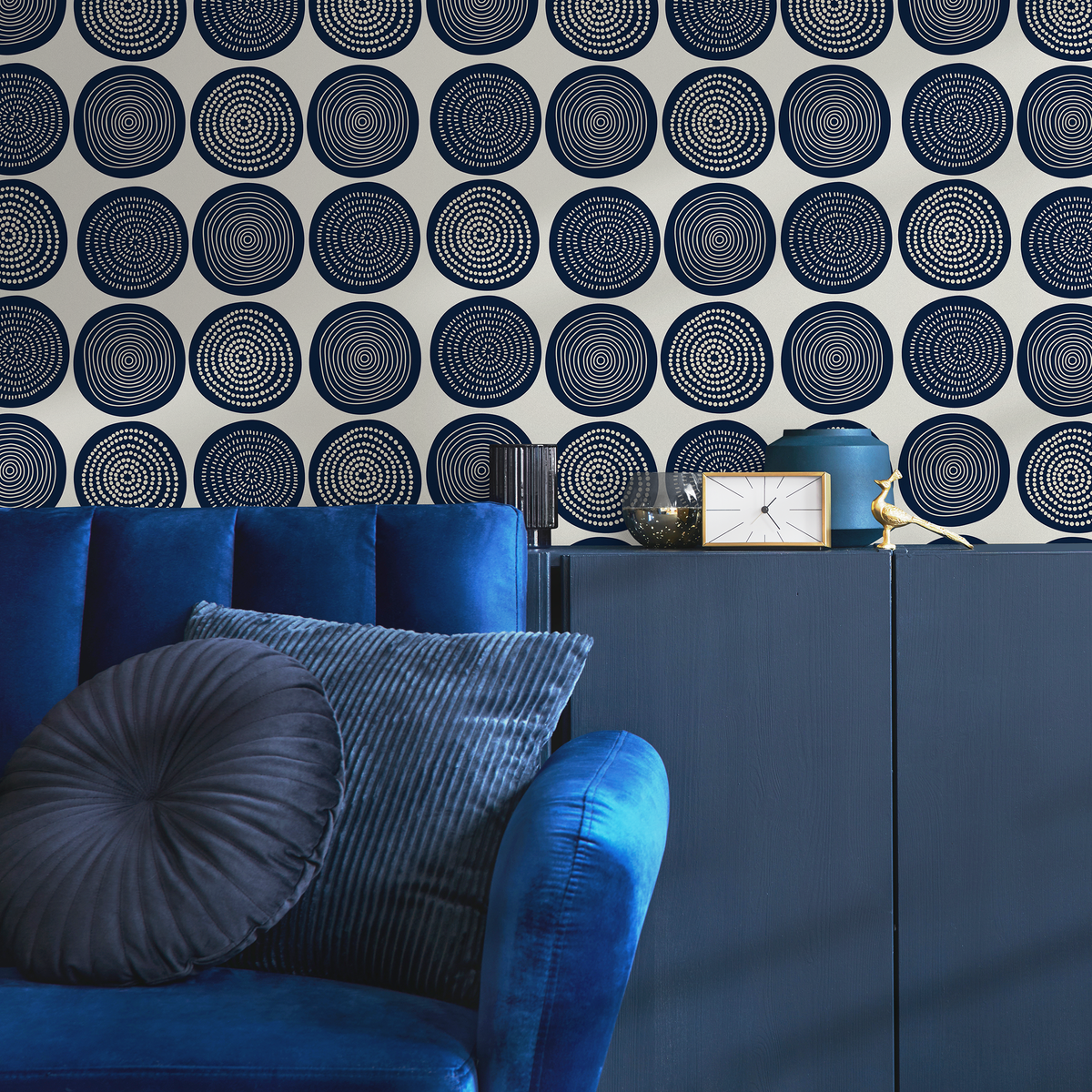 Geometric Wallpaper with Hand-Drawn Circle Motifs in Navy Blue - detail view