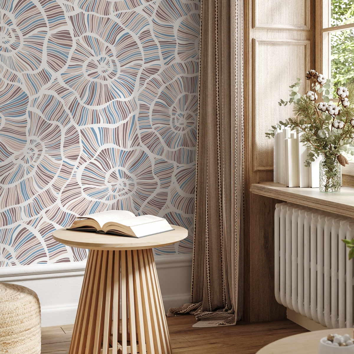 Abstract Wallpaper with a Spiral Shell Motif in Brown, Blue, and Beige - detail view