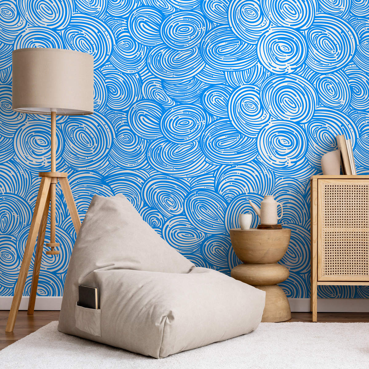 Abstract Wallpaper with Concentric Swirls in Blue and White - detail view