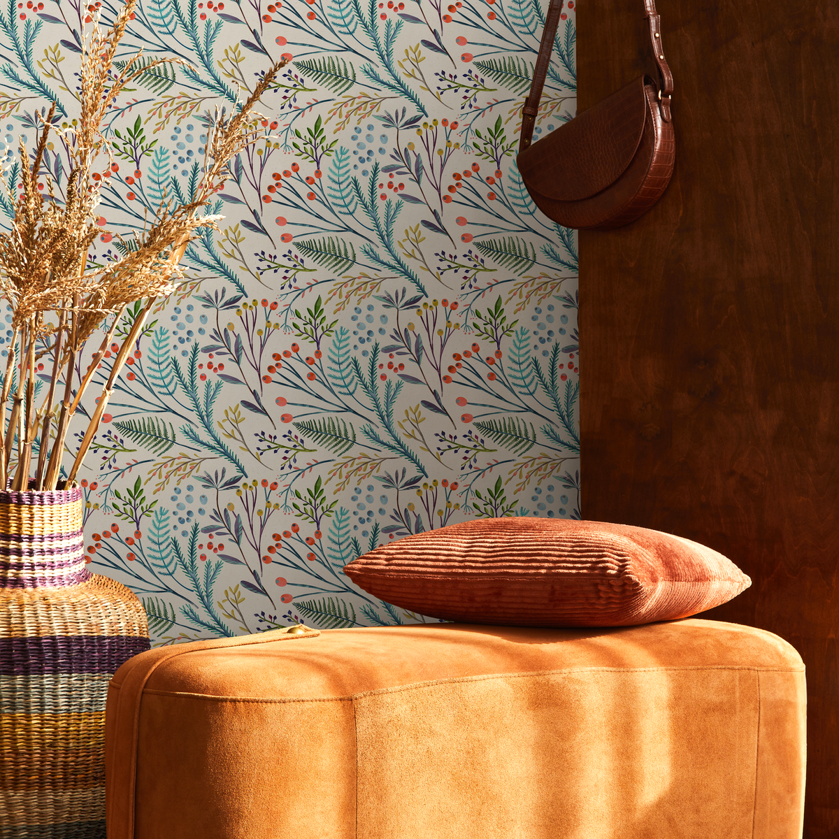 Botanical Wallpaper with Watercolor Ferns and Berries in Teal, Red, and Purple - detail view