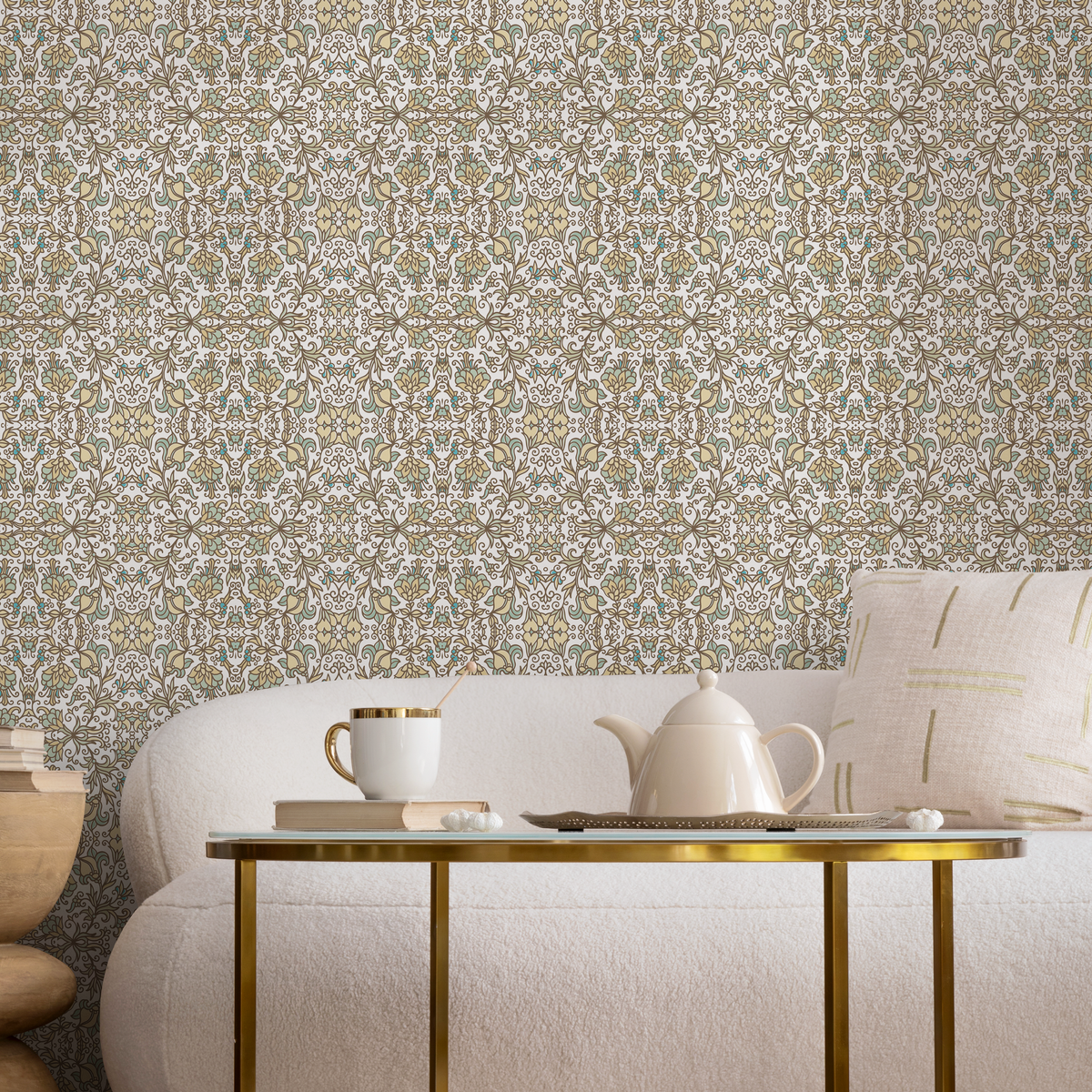 Damask Wallpaper with a Floral Arabesque Motif in Yellow, Green, and Blue - detail view
