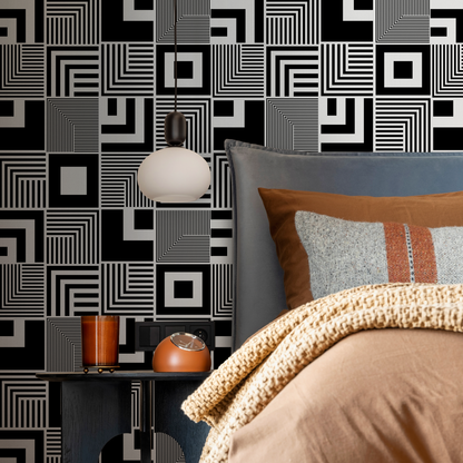 Wall Decor Wallpaper Peel and Stick Wallpaper Removable Wallpaper Home Decor Wall Art Room Decor / Black and White Squares Wallpaper - B789