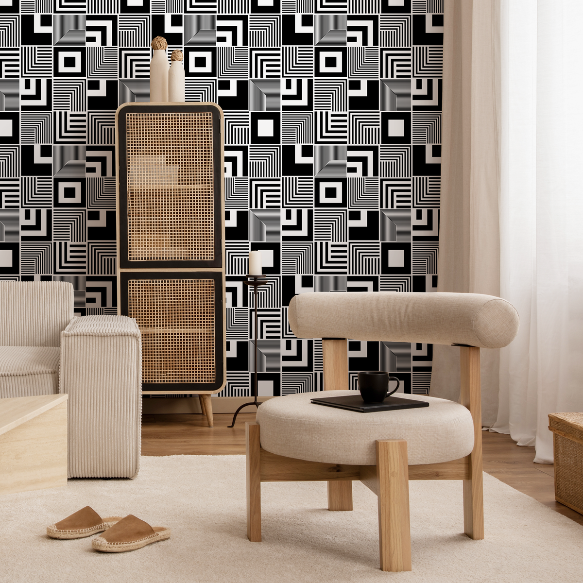 Geometric Wallpaper with an Op Art Inspired Square Motif in Black and White - detail view